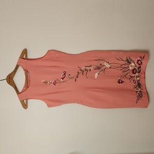 Vintage 90s Pink Embroidered Floral Sheath Dress Pastel Flowers SMALL